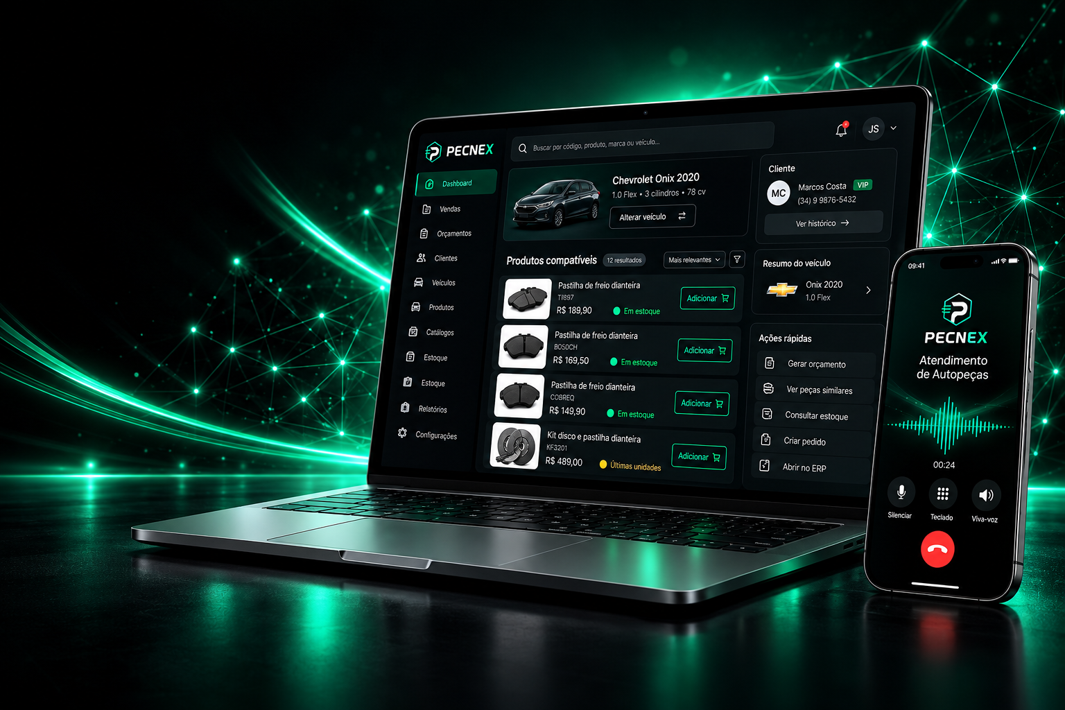 PECNEX em atendimento: plataforma de autopeças no notebook e atendimento por voz no celular